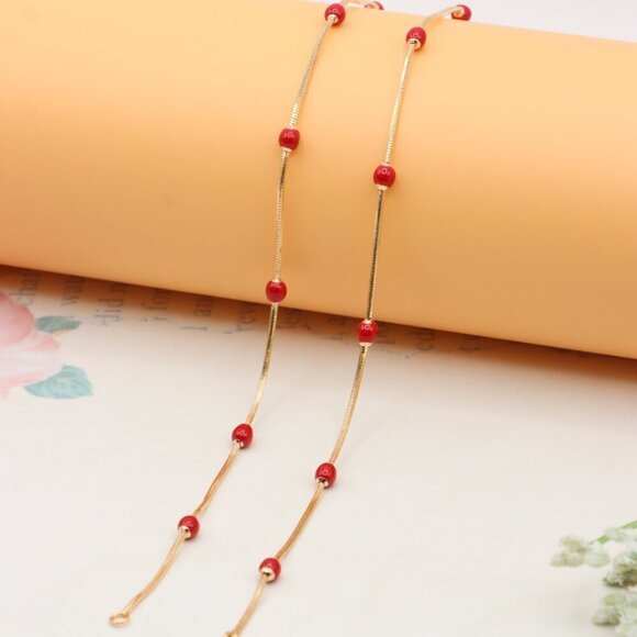 "Delicate Yellow Gold Plated Necklace with Red Beads, XPNL0302 - Picture 8 of 12